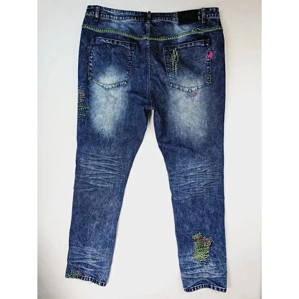 Staple Pigeon Size 40X32 Men's Factory Stich Distressed Blue Denim Logo Jeans